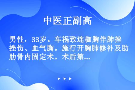 男性，33岁。车祸致连枷胸伴肺挫伤、血气胸。施行开胸肺修补及肋骨内固定术。术后第2天神志淡漠，呼吸道...