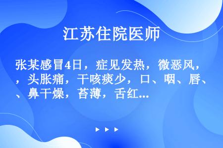 张某感冒4日，症见发热，微恶风，头胀痛，干咳痰少，口、咽、唇、鼻干燥，苔薄，舌红少津，脉略数。本病例...