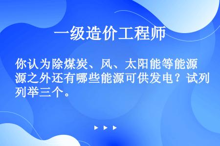 你认为除煤炭、风、太阳能等能源之外还有哪些能源可供发电？试列举三个。