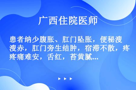 患者纳少腹胀、肛门坠胀，便秘溲赤，肛门旁生结肿，宿滞不散，疼痛难安，舌红，苔黄腻，脉弦数，中医辨证证...