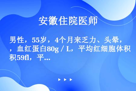 男性，55岁，4个月来乏力、头晕，血红蛋白80g／L，平均红细胞体积59fl，平均红细胞血红蛋白浓度...