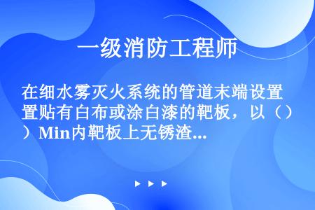 在细水雾灭火系统的管道末端设置贴有白布或涂白漆的靶板，以（）Min内靶板上无锈渣、灰尘、水渍及其他杂...