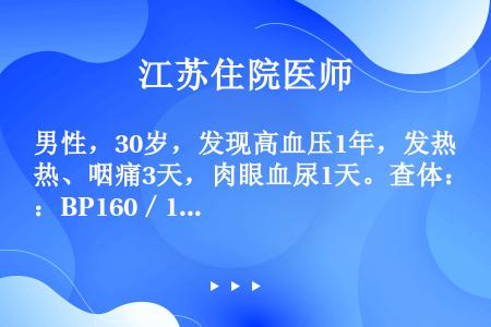 男性，30岁，发现高血压1年，发热、咽痛3天，肉眼血尿1天。查体：BP160／100mmHg，咽红，...